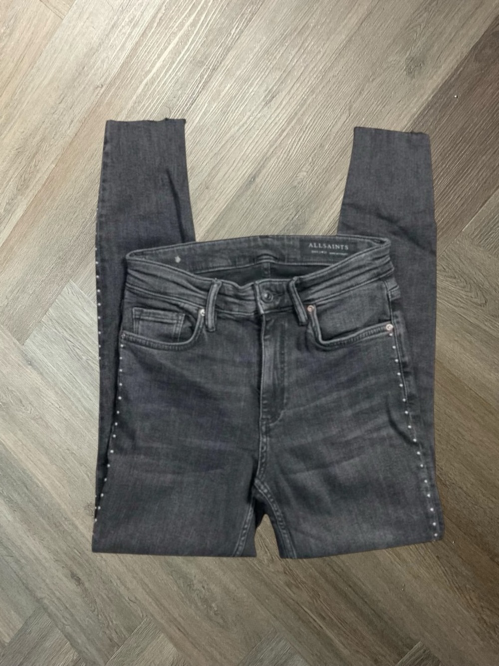 ALLSAINTS Dax‎ Studded Distressed Hem Skinny Jeans Womens 27 Dark Wash Black